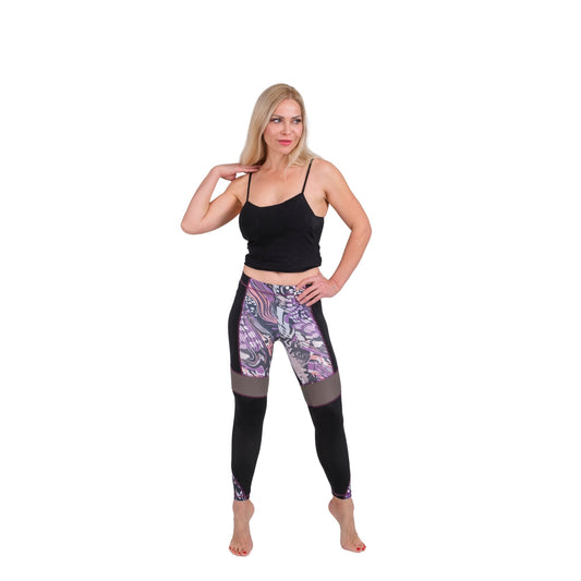 BoldMesh Sculpt Yoga Leggings – Black & Violet Pattern (Breathable Fit) Hazel Textile