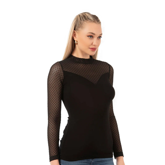 Women’s Long Sleeve Mesh Top – Black Sheer Polka Dot Turtleneck Shirt | Viscose Blend Hazel Textile