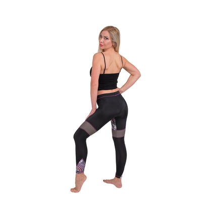 BoldMesh Sculpt Yoga Leggings – Black & Violet Pattern (Breathable Fit)
