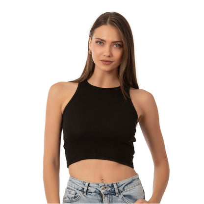Women’s Ribbed High-Neck Crop Tank Top – Stretchy, Breathable Cotton Blend for Casual & Active Wear