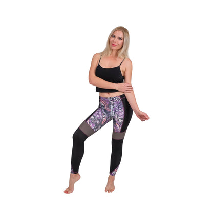 BoldMesh Sculpt Yoga Leggings – Black & Violet Pattern (Breathable Fit)