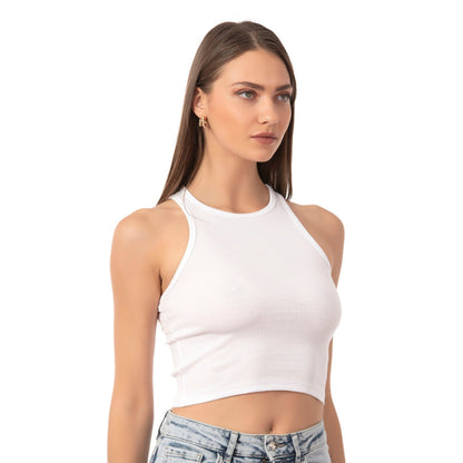 Women’s Ribbed High-Neck Crop Tank Top – Stretchy, Breathable Cotton Blend for Casual & Active Wear