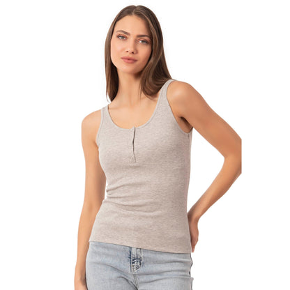 Women’s Ribbed Cotton Tank Top with Snap Buttons – Stretch Sleeveless Henley Shirt